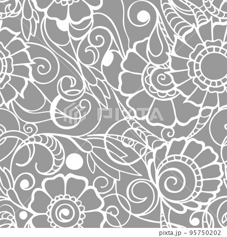 seamless pattern of white contours of flowers on a gray background, texture, design 95750202