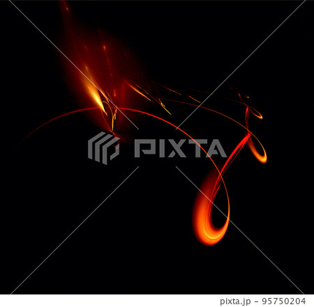 bright abstract background of glowing weaves of orange lines on a dark background, design, illustration 95750204