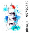 lighthouse watercolor painting illustration. Hand drawn watercolourr art. Sketching artwork. 95750220