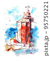 lighthouse watercolor painting illustration. Hand drawn watercolourr art. Sketching artwork. 95750221