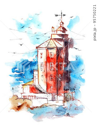 lighthouse watercolor painting illustration. Hand drawn watercolourr art. Sketching artwork. 95750221