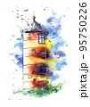 lighthouse watercolor painting illustration. Hand drawn watercolourr art. Sketching artwork. 95750226