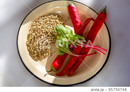 Buckwheat sprouts, chili peppers and Radicchio lettuce leaves in a plate in bright sunlight. Veganuary. Healthy lifestyle. Vegetarianism. Veganism. Gluten-free diet. 95750748