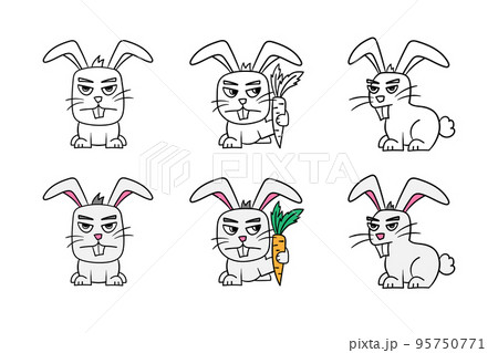 Funny angry rabbit. Set of black and white and colored rabbits on white Funny angry rabbit. Set of black and white and colored rabbits on white 95750771