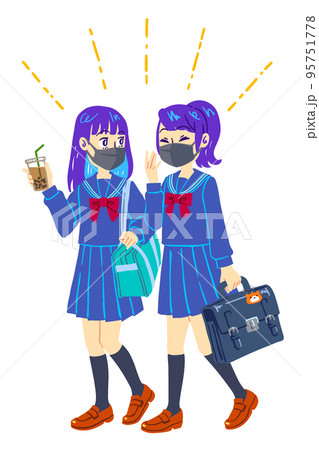 マスクをした下校中の二人の女子高校生（青） 95751778