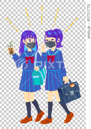 マスクをした下校中の二人の女子高校生（青） 95751778