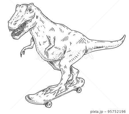 Dinosaur rides on skateboard. Engraving black vintage 95752196