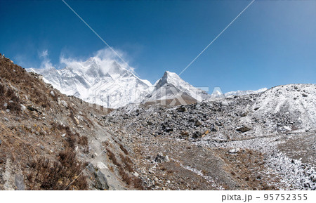 Mountains peaks with stream in Himalayas, Napal. Mountains peaks with stream in Himalayas, Napal. 95752355