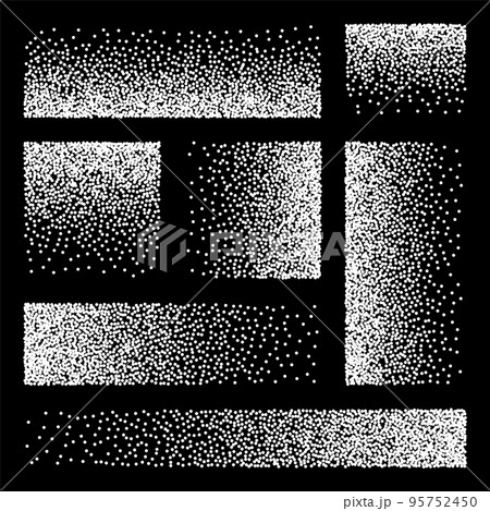 Stipple pattern, dotted rectangular design elements. Stippling, dotwork drawing, shading using dots. Pixel disintegration, random halftone effect. White noise grainy texture. Vector illustration Stipple pattern, dotted rectangular design elements. Stippling, dotwork drawing, shading using dots. Pixel disintegration, random halftone effect. White noise grainy texture. Vector illustration 95752450