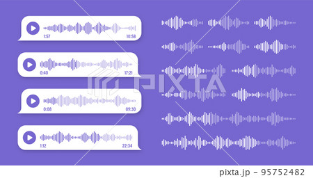 Voice, audio message, violet speech bubble. SMS text frame. Social media chat or messaging app conversation. Voice assistant, recorder. Sound wave pattern. Vector illustration 95752482