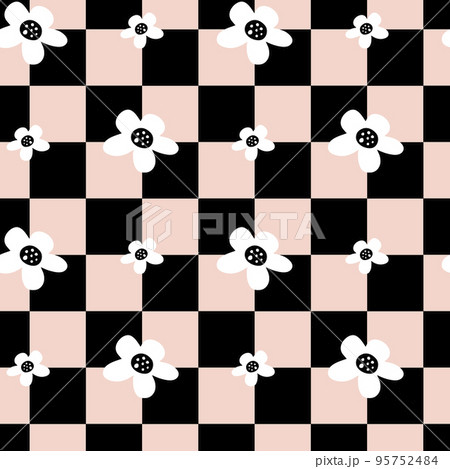 abstract vector seamless pattern with black squares and flowers on pink background	 95752484
