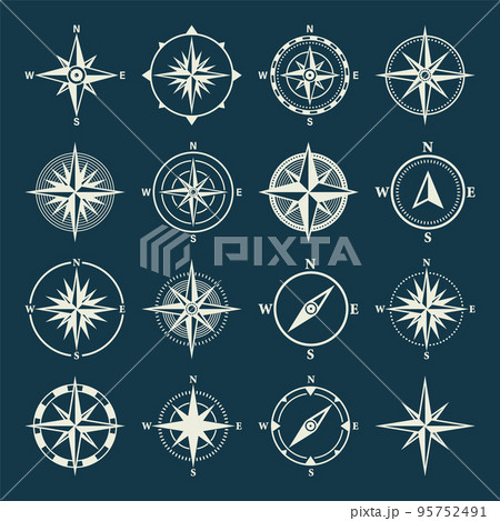 Vintage marine wind rose, nautical chart. Monochrome navigational compass with cardinal directions of North, East, South, West. Geographical position, cartography and navigation. Vector illustration. Vintage marine wind rose, nautical chart. Monochrome navigational compass with cardinal directions of North, East, South, West. Geographical position, cartography and navigation. Vector illustration. 95752491