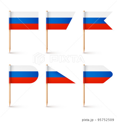 Realistic various Russian toothpick flags. Souvenir from Russia. Wooden toothpicks with paper flag. Location mark, map pointer. Blank mockup for advertising and promotions. Vector illustration Realistic various Russian toothpick flags. Souvenir from Russia. Wooden toothpicks with paper flag. Location mark, map pointer. Blank mockup for advertising and promotions. Vector illustration 95752509