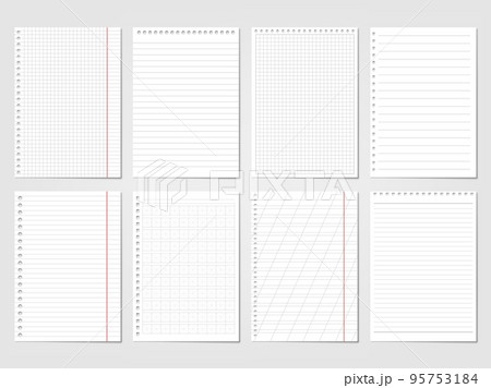 Realistic paper ruled, lined sheets. School pages copybook, isolated blank page with grid. Notebook mockup collection, pithy vector memo elements Realistic paper ruled, lined sheets. School pages copybook, isolated blank page with grid. Notebook mockup collection, pithy vector memo elements 95753184