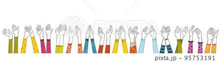 Hands clapping, doodle arm waving and thumbs up support. Applause hand, people fan crowd signs. Congratulation and cheering, business victory neoteric vector banner Hands clapping, doodle arm waving and thumbs up support. Applause hand, people fan crowd signs. Congratulation and cheering, business victory neoteric vector banner 95753191