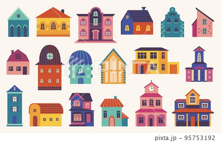 Doodle flat home. Different houses, front exterior little house. Hygge colorful tiny village buildings. Scandinavian style city street architecture, neoteric vector set Doodle flat home. Different houses, front exterior little house. Hygge colorful tiny village buildings. Scandinavian style city street architecture, neoteric vector set 95753192