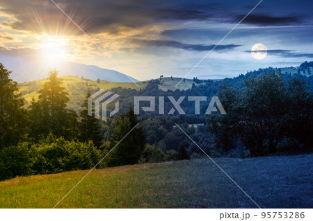 coniferous forest on the hill at daybreak. day and night time change concept. green summer nature scenery in carpathian mountains with sun and moon. sunny weather with clouds above the distant ridge 95753286