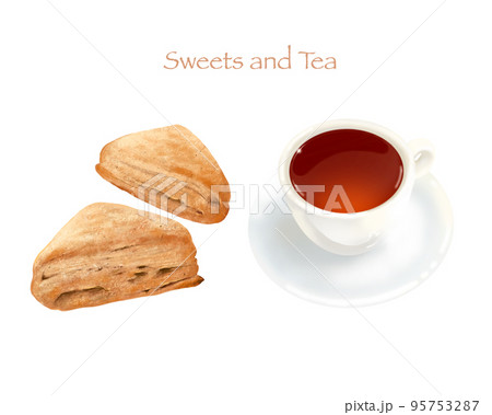 カフェースコーンと紅茶のイラストセットー手描き素材 カフェースコーンと紅茶のイラストセットー手描き素材 95753287