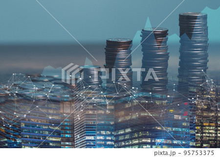 Rows of coins for finance, property fund and business with Network connection link.. 95753375