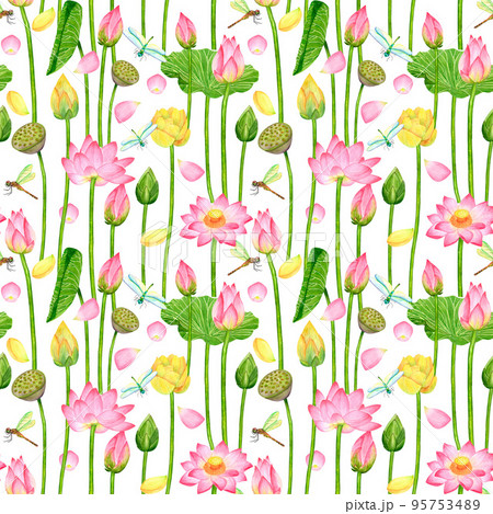 Watercolor seamless pattern with lotus flowers, seed boxes to create textures, backgrounds, packaging, textiles 95753489