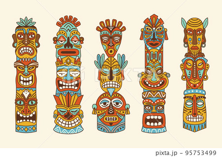 Native tribal masks. Indian totems tiki hawaiiのイラスト素材