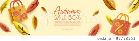 Autumn sale background with percent symbol, orange leaves, shopping bag, copy space text. 3D vector illustration 95753553