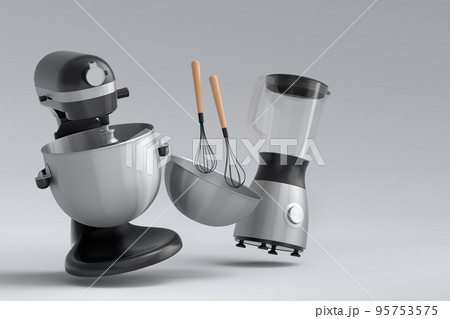 Mixer and bowl with kitchen utensil for preparation of dough on white 95753575