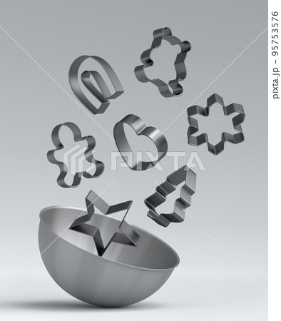 Set of metal cookie cutters and wooden kitchen utensils on white background 95753576