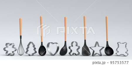 Set of metal cookie cutters and wooden kitchen utensils on white background 95753577