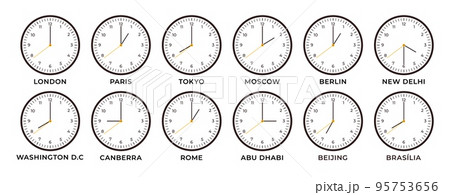 World clocks icons. London tokyo time on watch, international clock design. Different hours wall watches faces, global business graphic racy vector elements 95753656