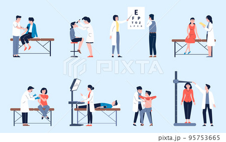Medical check up, healthcare policy and research. Doctors and patients in hospital scenes. Treatment and sick prevention, recent vector concept 95753665