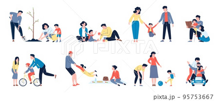 Family spend time together. Flat parents spending evening with child. Fun outdoor and home rest, planting and picnic, walking and playing. Recent parenthood vector scenes 95753667
