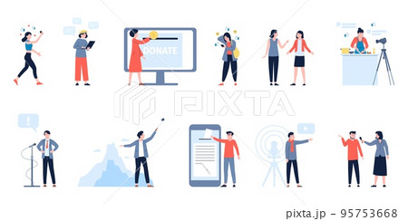 Social network people. Media campaigns, bloggers and content makers. Digital business and volunteering, communicate and marketing, recent vector scene 95753668
