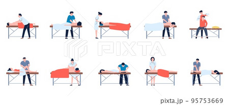 Massage therapy on couch. Medical rehabilitation back treatment after injury. Kinesiology, beauty spa professional service. Recent wellness vector scene 95753669