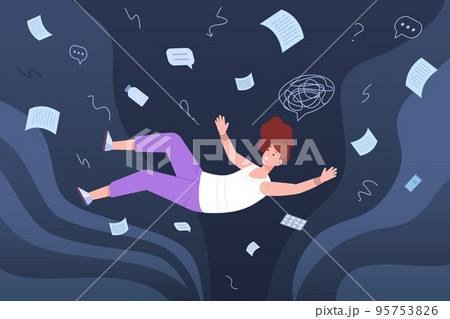 Woman psychological suffering. Girl suffer from loneliness or lacking mental health unhappy identity worried person panic despair concept feeling disturbed mind vector illustration 95753826