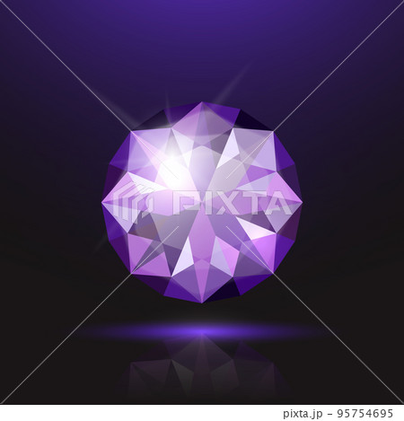Vector 3d Realistic Purple Transparent Round Glowing Gemstone, Diamond, Crystal, Rhinestone Closeup on Black Background. Jewerly Concept. Design Template, Banner 95754695
