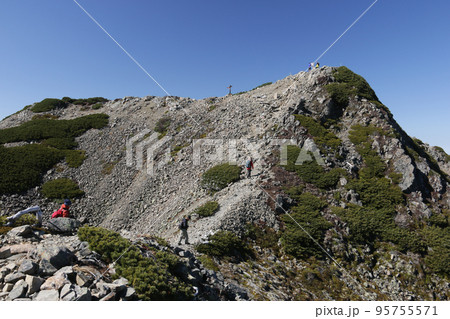 秋　南アルプス仙丈ヶ岳登山道からの山頂の風景 95755571