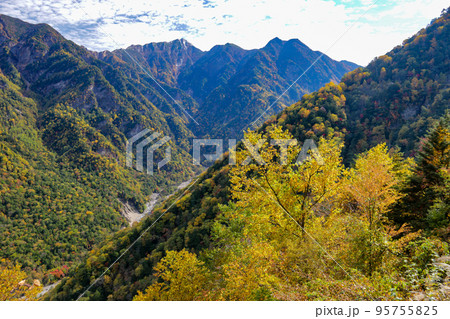 秋 紅葉の南アルプス林道からの絶景 奥に甲斐駒ヶ岳 両側に鋸岳、駒津峰、双児山 秋 紅葉の南アルプス林道からの絶景 奥に甲斐駒ヶ岳 両側に鋸岳、駒津峰、双児山 95755825