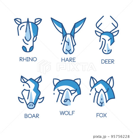 Animal Logo Design with Blue Lined Abstract Mammal Muzzle Vector Set 95756228