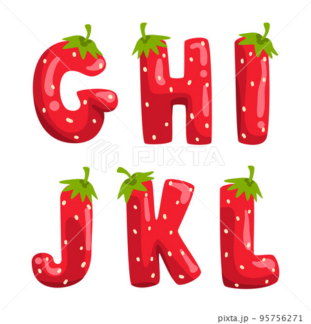 Strawberry Alphabet with English Letter from Ripe Red Juicy Berry Vector Set 95756271