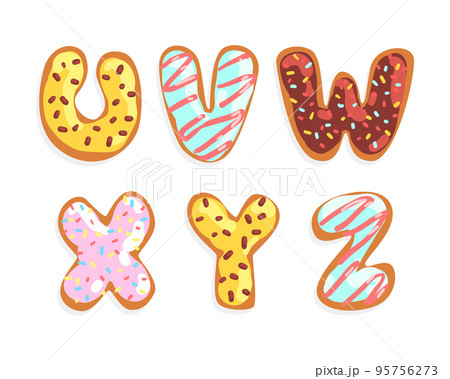 Cookie Alphabet Letter with Colorful Sugar Glaze or Icing and Sprinkles Vector Set 95756273
