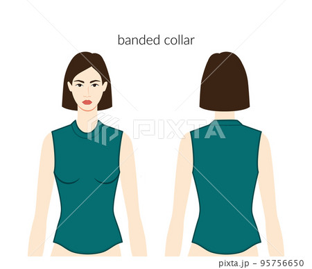Banded neckline collar clothes character beautiful lady in emerald top, shirt, dress technical fashion illustration 95756650