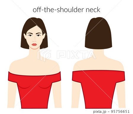 Off the shoulder neckline clothes character beautiful lady in red top, shirt dress technical fashion illustration fitted Off the shoulder neckline clothes character beautiful lady in red top, shirt dress technical fashion illustration fitted 95756651