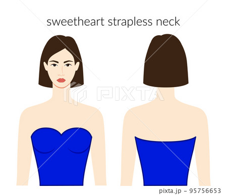 Sweetheart neckline strapless clothes character beautiful lady in blue top, shirt, dress technical fashion illustration  95756653