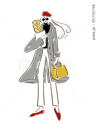パリジェンヌ 女子 おしゃれ イラスト フランスパンのイラスト素材