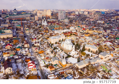 View from drone of Alekseev-Akatov Convent in old town of Voronezh 95757739