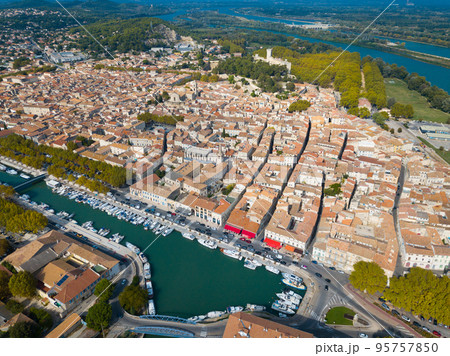 Aerial view of channel with boats in Beaucaire 95757850