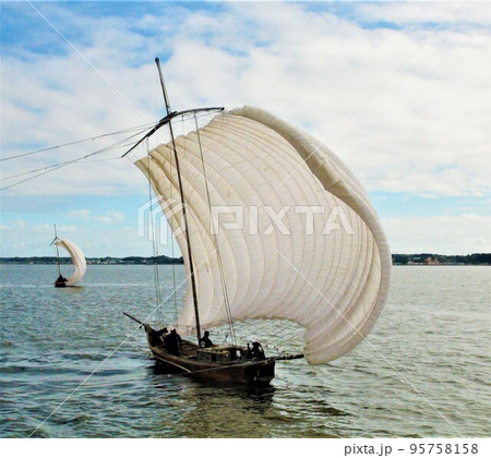 霞ヶ浦で風にはらんだ帆を掲げて漁をする二艘の帆引き船 95758158