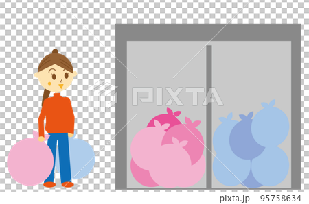 一個女人要扔掉分類垃圾、垃圾場、垃圾站、家庭主婦、生活的插圖（沒有線條） 95758634