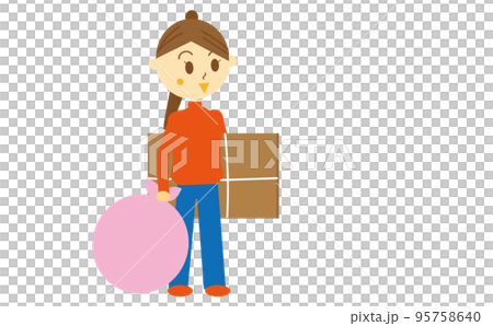 Illustration, sorting and sorting (no lines) of a woman who goes to throw away garbage with cardboard and garbage bags on non-burnable garbage collection day 95758640